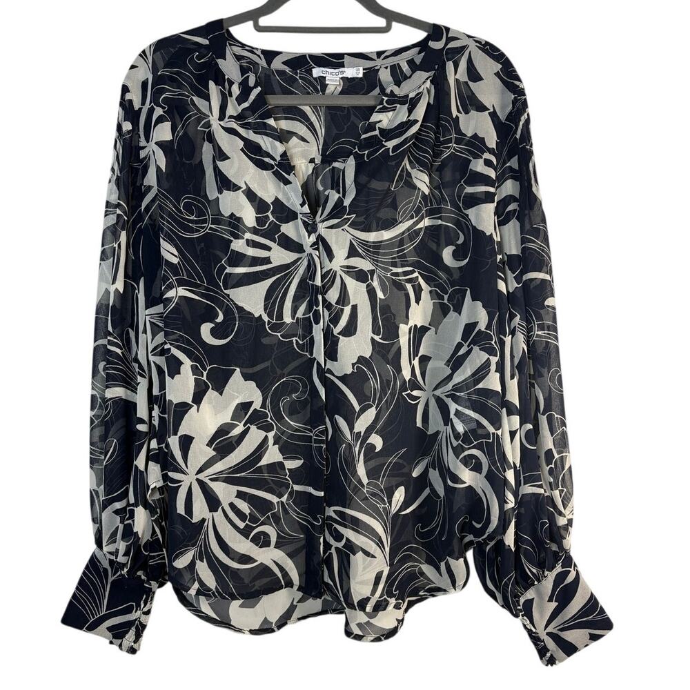Chico's Black White Floral Sheer Chiffon Blouse Boho Balloon Sleeve Top L 14